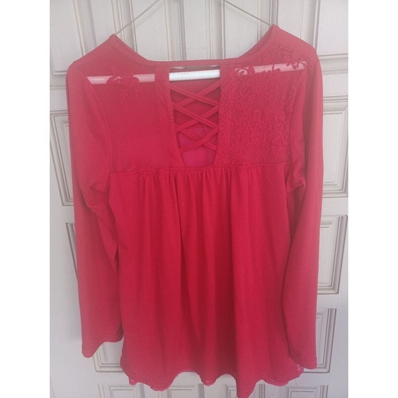 Unbranded Red Lace Overlay Pullover SzL Long Sleeves Criss Cross Back - Picture 2 of 7